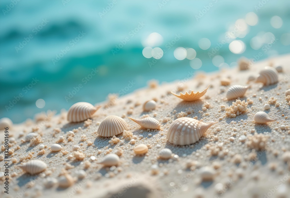 Small seashells scattered on white sand with sparkling water. summer background. Soft focus beach with bokeh effect from sunlight. Perfect for coastal themes Small seashells scattered on white sand with sparkling water. summer background. Soft focus beach with bokeh effect from sunlight. Perfect for coastal themes
