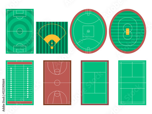 Sport fields soccer baseball cricket yard field basketball badminton tennis volleyball court American Australian football rugby arena indoor outdoor stadium set collection illustration