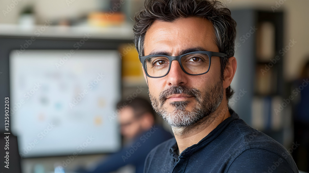 Portrait of a Man with Glasses in Office Setting, Serious Expression, Blurred Background Portrait of a Man with Glasses in Office Setting, Serious Expression, Blurred Background
