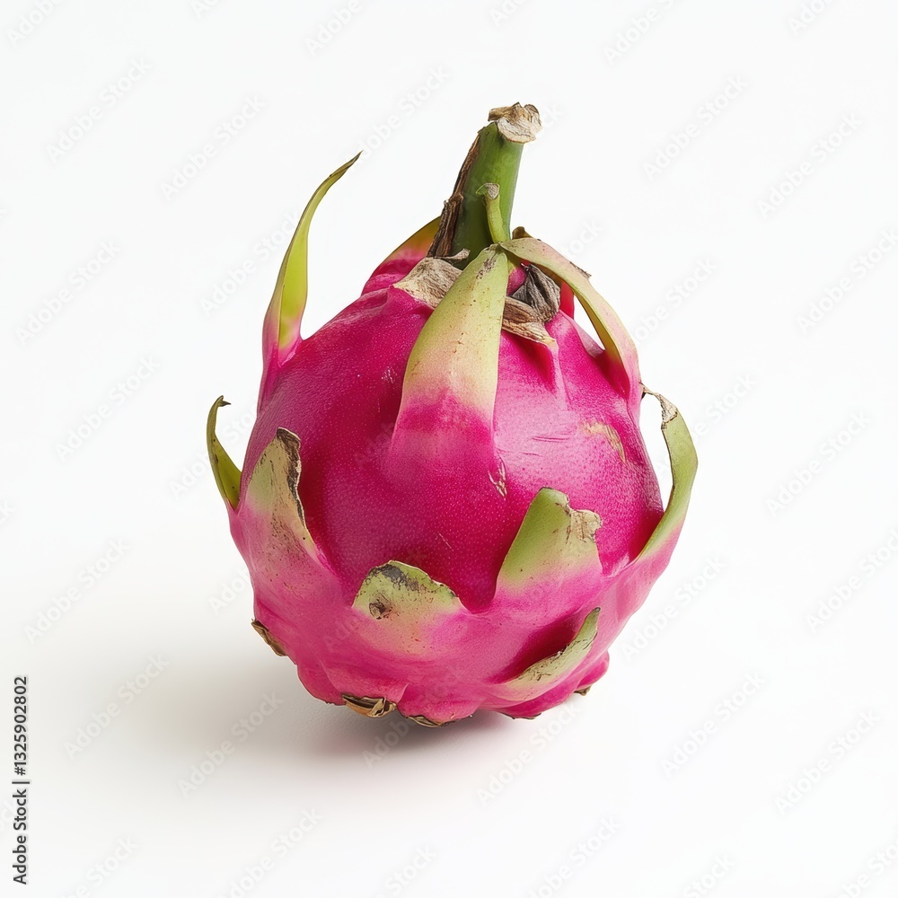 Fototapeta premium Dragon fruit close-up photo on white background, exotic tropical fruit with vibrant pink skin and green tips, healthy nutrition, vegan diets, organic food.