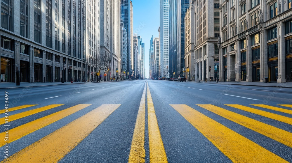 Obraz premium Empty city street with tall buildings on both sides, yellow crosswalks, and a clear blue sky.