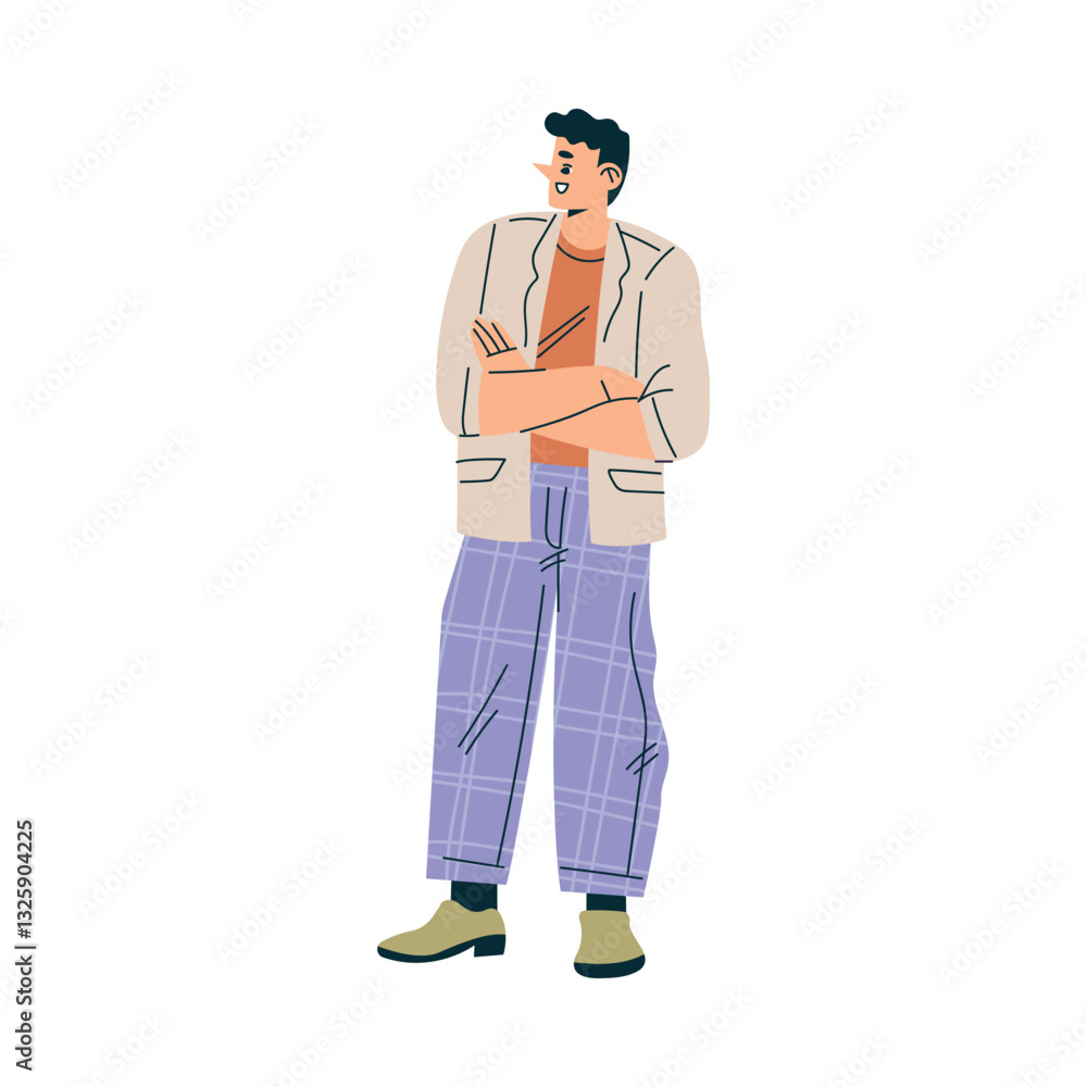Obraz premium Man Character Stand with Folded Arm and Talk to Somebody Vector Illustration