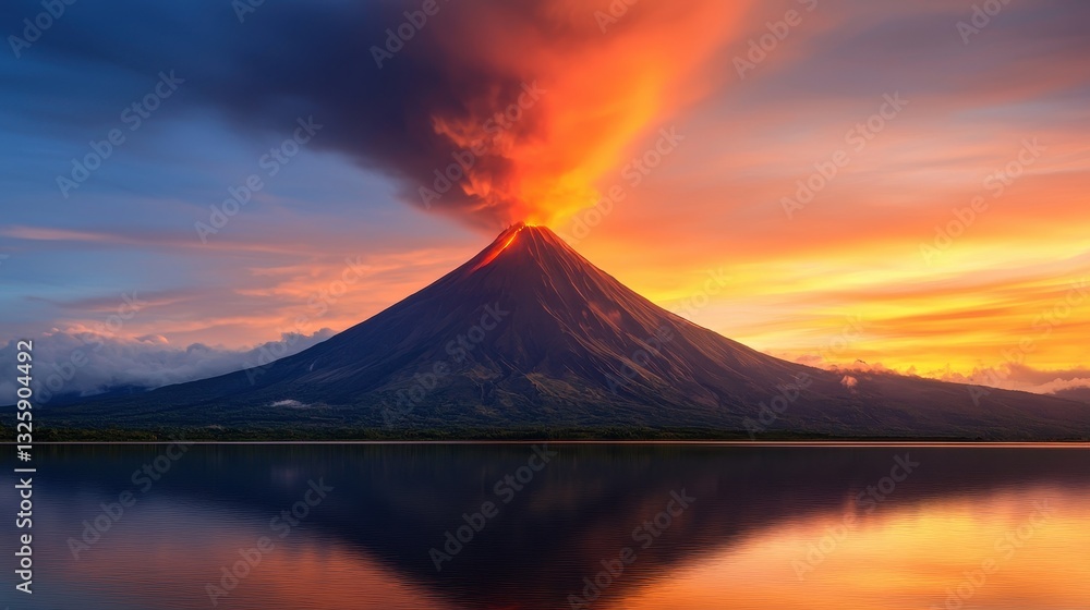 A stunning volcano erupts at sunset, casting vibrant colors across the sky and reflecting in the calm waters below. A stunning volcano erupts at sunset, casting vibrant colors across the sky and reflecting in the calm waters below.
