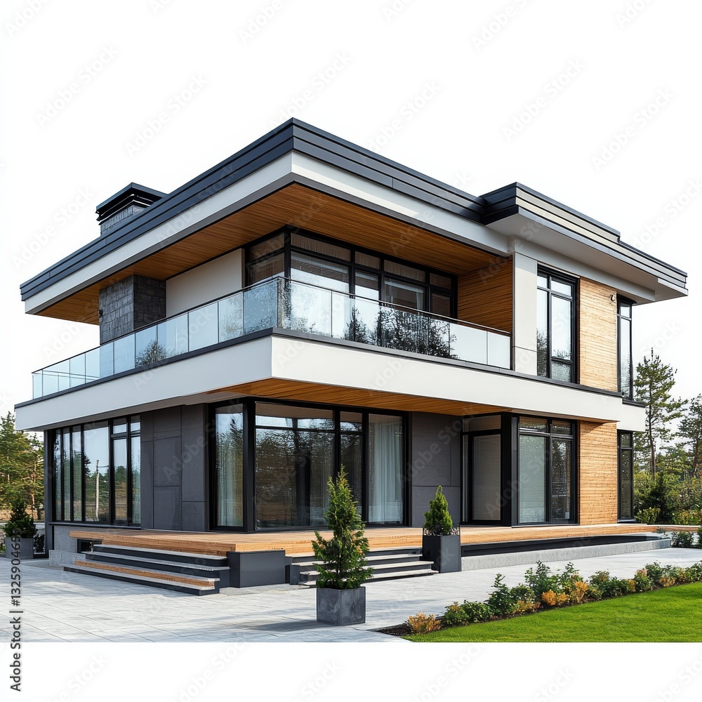 Obraz premium Modern Two-Story Home with Wood and Concrete Accents, Large Windows, Balcony, and Beautiful Landscaping Surrounding the Property.