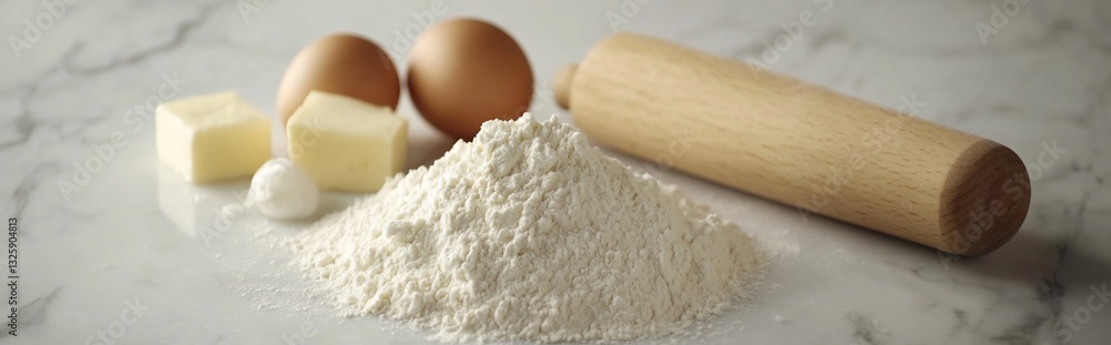 Flour, eggs, butter, and rolling pin on marble surface; baking ingredients. Flour, eggs, butter, and rolling pin on marble surface; baking ingredients.