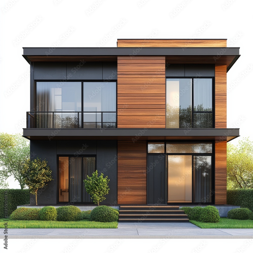 Modern Two-Story House with Wood and Dark Paneling, Expansive Windows, and Lush Greenery for a Stylish Exterior. Modern Two-Story House with Wood and Dark Paneling, Expansive Windows, and Lush Greenery for a Stylish Exterior.