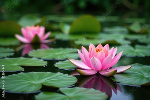 Water lilies on a pond with scylla blooms in early spring, water lilies, nature