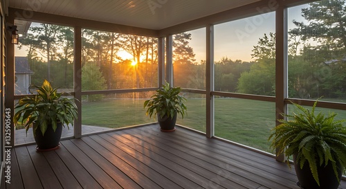 Wallpaper Mural Modern screened porch enclosure with plastic windows and composite floor with summer wood	 Torontodigital.ca