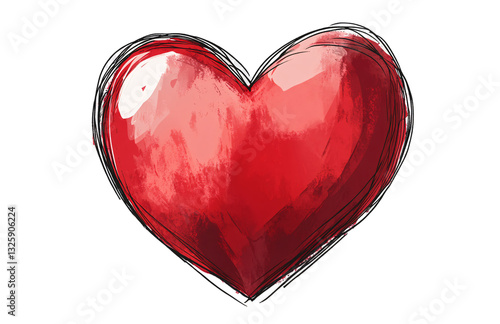 Red heart shape drawn with a brush, isolated on a transparent background. Cutout, PNG