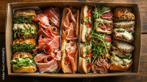Gourmet catering box: artisanal mini sandwiches, fresh garnishes, wooden surface, natural light