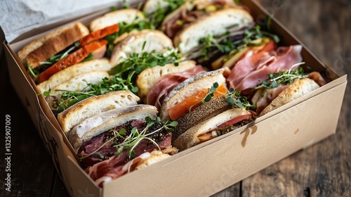 Gourmet catering box: artisanal mini sandwiches, fresh garnishes, wooden surface, natural light