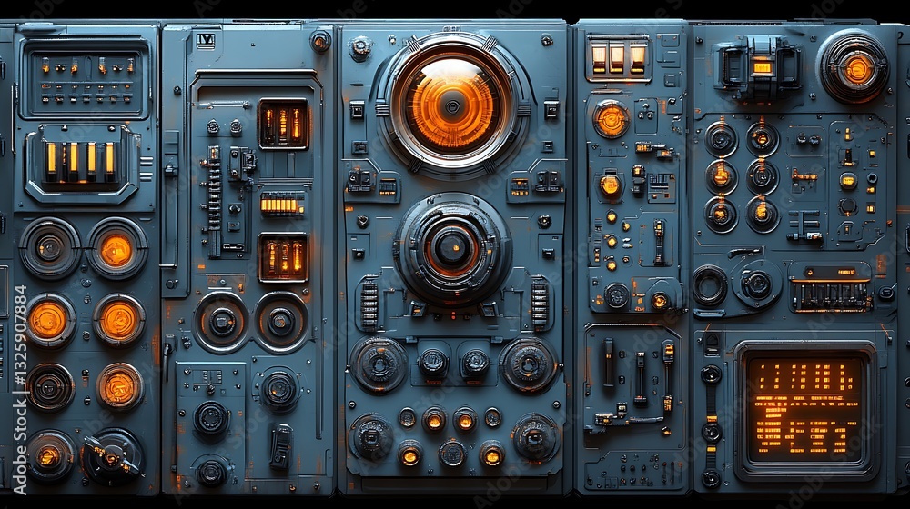 Futuristic Sci Fi Control Panel Interface High Tech Digital Dashboard with Glowing Orange Lights Futuristic Sci Fi Control Panel Interface High Tech Digital Dashboard with Glowing Orange Lights