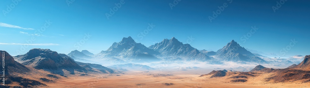 Obraz premium Majestic Mountain Range Under Clear Blue Sky in Vast Desert Landscape with Rolling Hills and Distant Peaks
