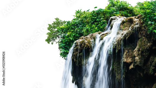 Fototapeta Naklejka Na Ścianę i Meble -  a serene waterfall cascades over rocky terrain surrounded by lush greenery creating a tranquil and picturesque natural scene the bright backdrop emphasizes the water's movement and the vibrant foliage