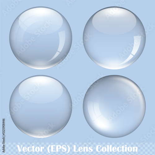 Transparent round lens set, realistic glass sphere for buttons on transparent background