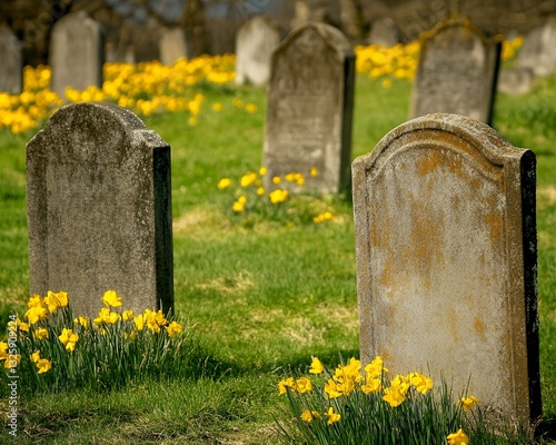 Serene Graveyard Scene Yellow Daffodils Spring old day loss calm aged life death peace