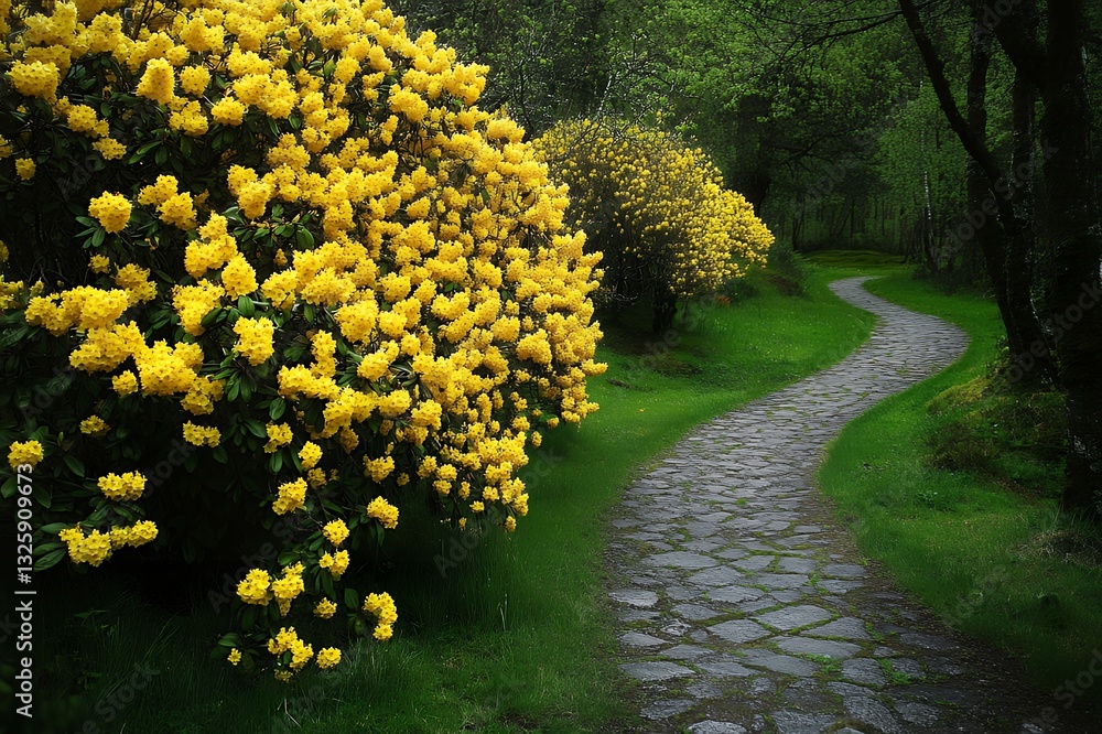 Obraz premium Yellow Rhododendron Blossoms along Stone Path Garden Walk Bush View Green Trees Image