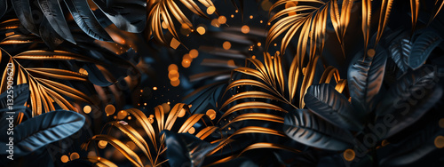 long horizontal background close up black and gold tropical leaves with levitating yellow circles (bokeh)
