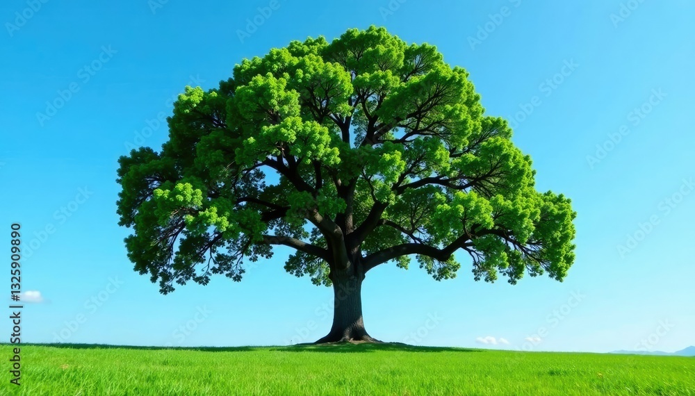 Single large oak tree with rough bark against a bright blue sky, isolated, solitude, evergreen Single large oak tree with rough bark against a bright blue sky, isolated, solitude, evergreen