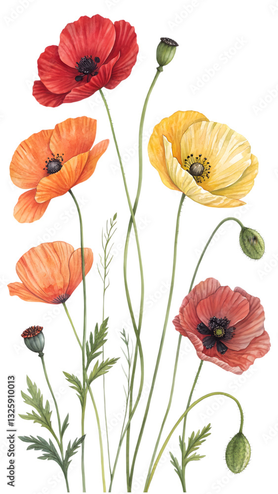 Obraz premium Vibrant Poppy Bouquet: A beautiful watercolor illustration of a colorful poppy bouquet, showcasing delicate petals, buds, and graceful stems.