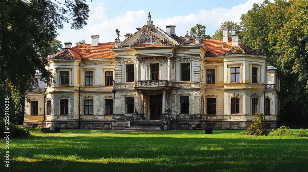 Grand historic mansion with ornate architecture surrounded by lush greenery Grand historic mansion with ornate architecture surrounded by lush greenery