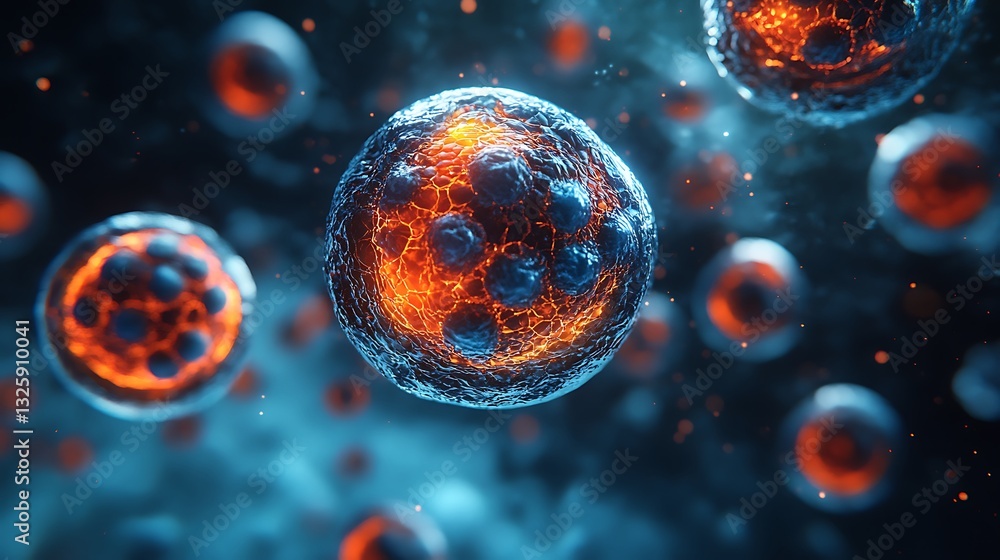 Naklejka premium Microscopic Cellular Structure Glowing Blue and Orange Biomedical Research Abstract Science