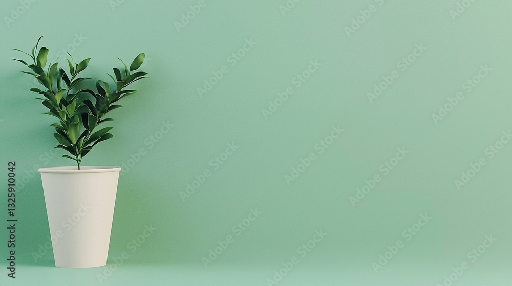 Minimalist green background with a paper cup and a plant on the left side, a banner for an eco-friendly product presentation. The concept of environmental protection in everyday life. Minimalist green background with a paper cup and a plant on the left side, a banner for an eco-friendly product presentation. The concept of environmental protection in everyday life.