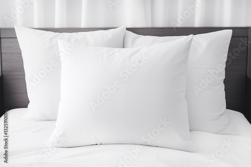 mockup of white nafas pillow standing vertically on bed in center, close up of square white pillow