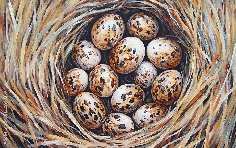 Obraz premium Speckled Bird Eggs Nest Detailed Painting Art oil hay warm home brown beige cream rural