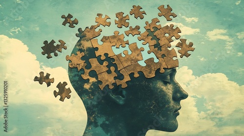 Head splitting into puzzle pieces representing fragmented thoughts and self reconnection