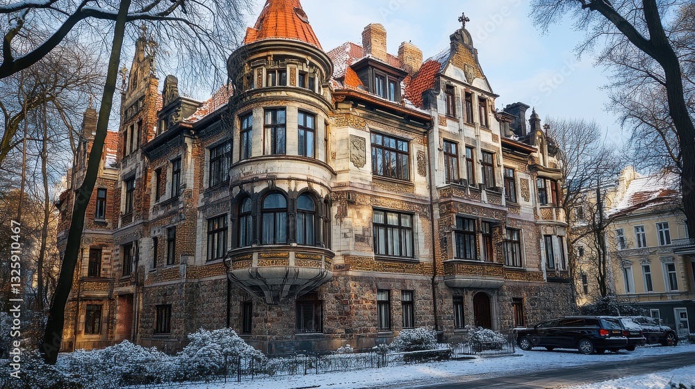 Obraz premium Historic european mansion in winter scene with snow-covered grounds and blue sky
