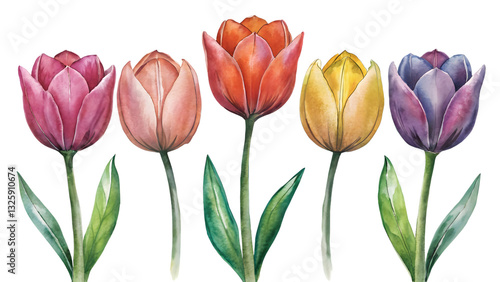 Wallpaper Mural Vibrant Tulip Spectrum: A collection of five exquisite tulips in a stunning array of colors, their delicate petals and verdant leaves celebrating the beauty of spring. Torontodigital.ca
