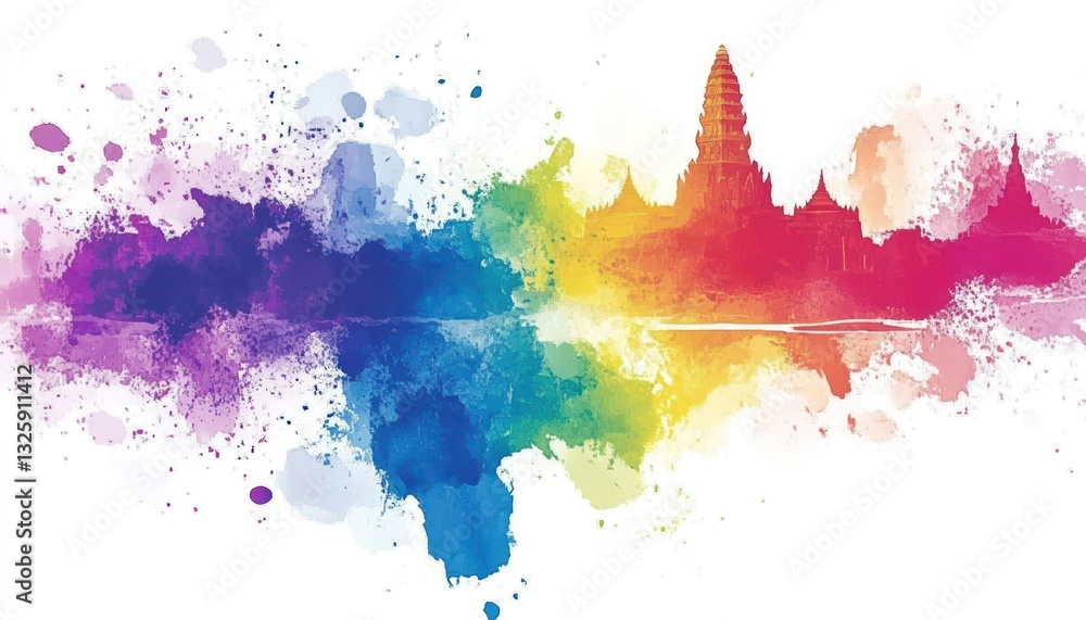 Fototapeta premium Silhouette of a temple complex reflected in water against a vibrant watercolor splash background