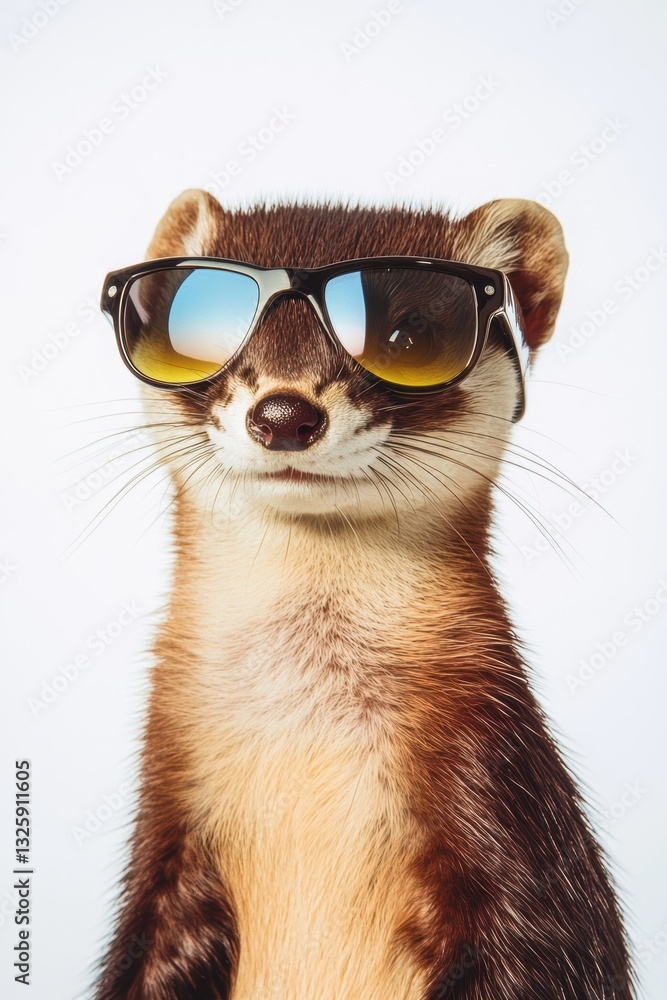 Cute animal wearing sunglasses, playful ferret posing for portrait, funny pet photography, trendy stylish look, charming furball, unique wildlife moment. Cute animal wearing sunglasses, playful ferret posing for portrait, funny pet photography, trendy stylish look, charming furball, unique wildlife moment.