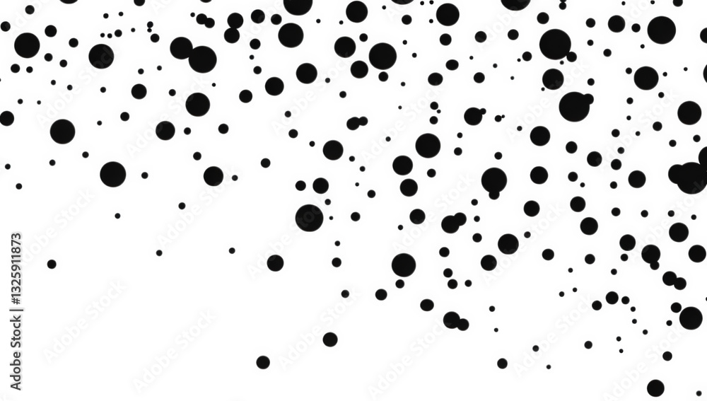 a scattered arrangement of various-sized black circles against a white background creating a dynamic visual effect that evokes a sense of movement and abstraction
