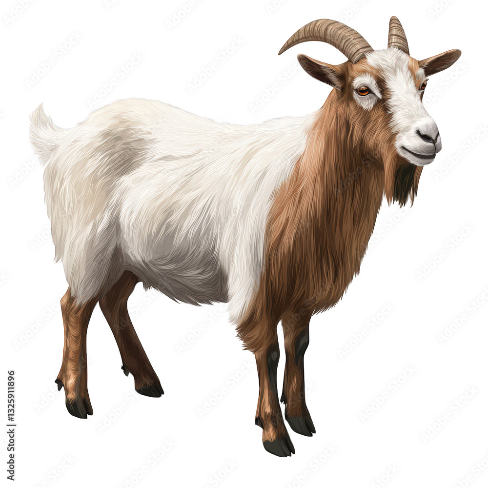 realistic illustration of a goat showcasing its distinctive features such as the curved horns and a mix of white and brown fur set against a simple grassy background realistic illustration of a goat showcasing its distinctive features such as the curved horns and a mix of white and brown fur set against a simple grassy background