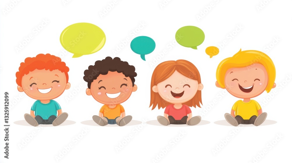Happy Children Cartoon Characters with Speech Bubbles and Smiles Happy Children Cartoon Characters with Speech Bubbles and Smiles