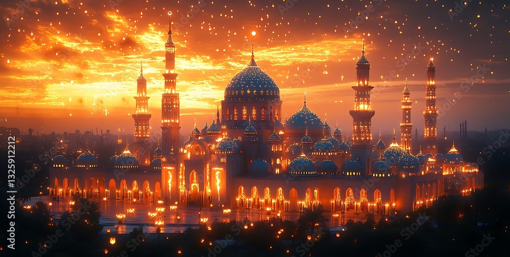 Obraz premium Grand Mosque Glowing at Sunset with Minarets and Starlit Sky