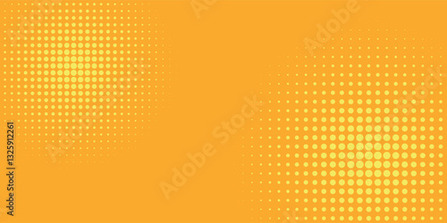 Yellow orange halftone pattern. Retro comic gradient background. Square pixilated dot cartoon texture.