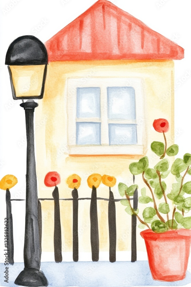 Fototapeta premium Charming small urban porch featuring a stylish black iron fence, perfect for city living and outdoor relaxation.