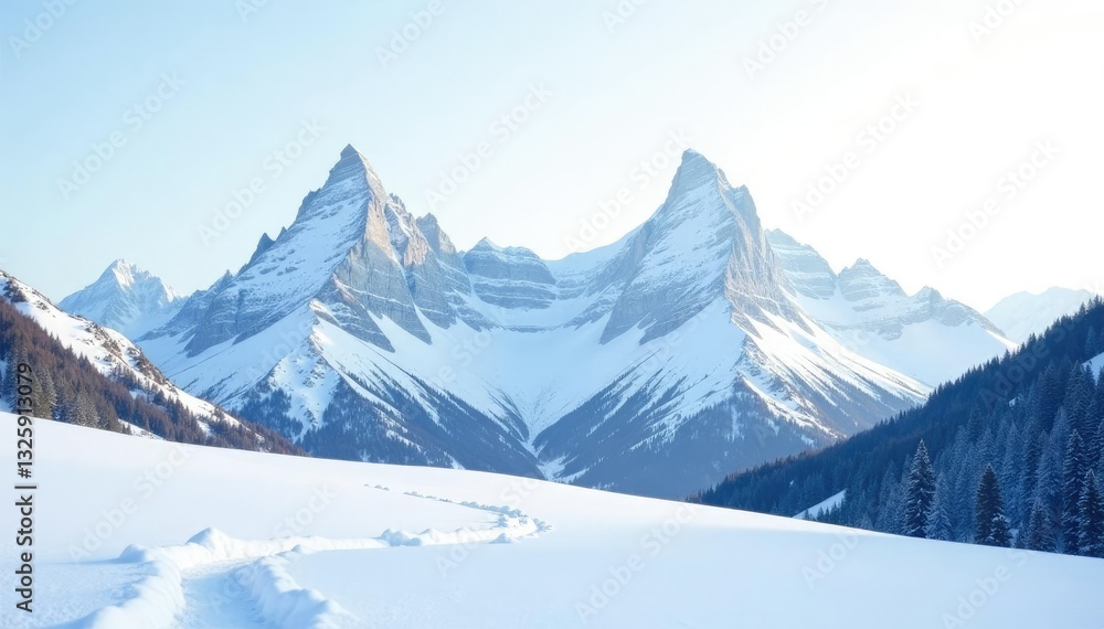 Fototapeta premium Snow-covered mountain range against bright white sky, winter, open