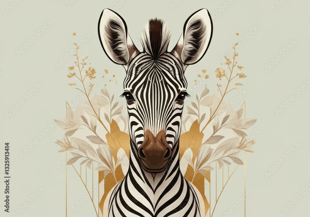 Fototapeta premium Elegant zebra portrait with floral elements and a soft color palette