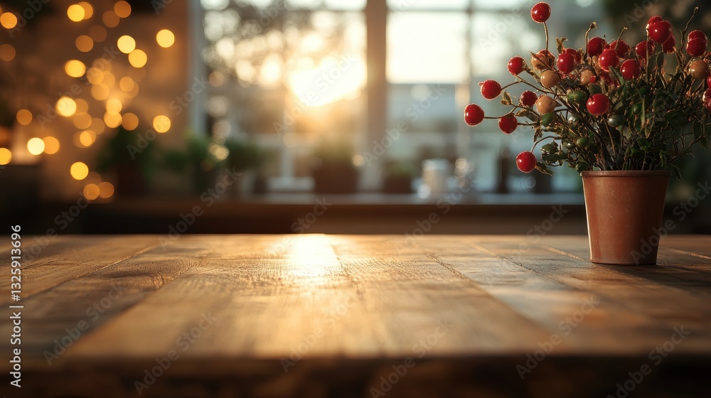 Fototapeta premium Cozy sunlit room with wooden table and potted berry plant at sunset
