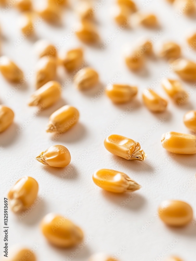 Close-up of scattered yellow corn kernels on a white background. Close-up of scattered yellow corn kernels on a white background.