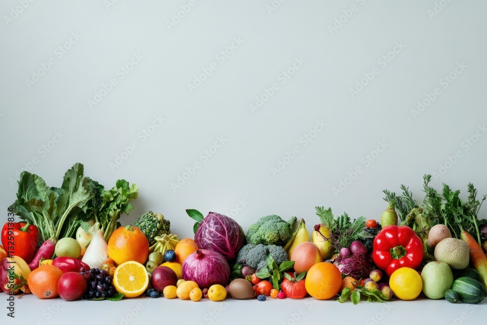 Artistic display of fresh produce on a blank surface colorful fruits and vegetables creative arrangement minimalist setting captivating viewpoint for culinary inspiration Artistic display of fresh produce on a blank surface colorful fruits and vegetables creative arrangement minimalist setting captivating viewpoint for culinary inspiration
