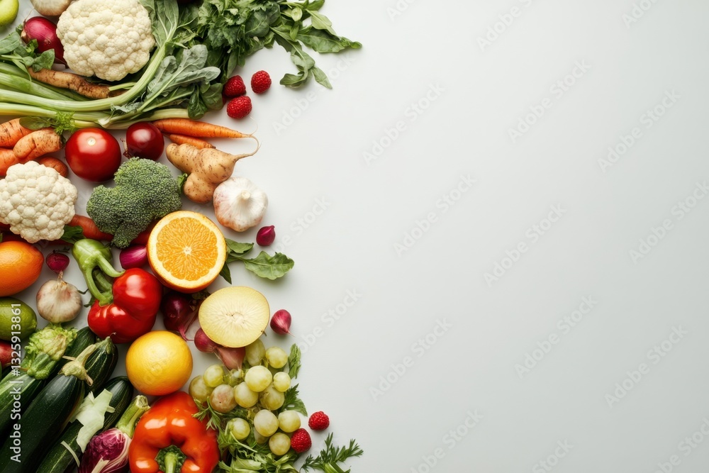 Artfully arranged fresh produce on a blank standard background vibrant colors and textures showcasing nature's bounty in a minimalist style for culinary inspiration Artfully arranged fresh produce on a blank standard background vibrant colors and textures showcasing nature's bounty in a minimalist style for culinary inspiration
