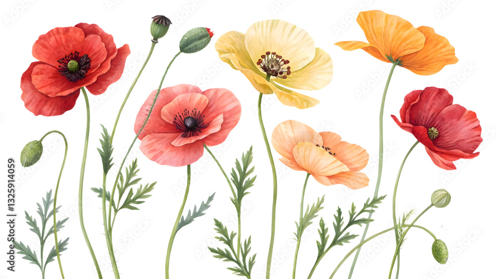 Naklejka premium Vibrant Poppy Field: A stunning illustration of various poppy blooms, showcasing vibrant colors and delicate petals, set against a clean backdrop.