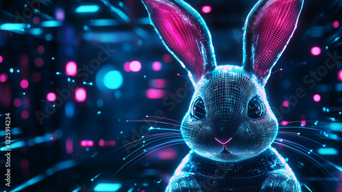 AI-generated Easter bunny avatar in a sleek metaverse setting, with digital environment and vibrant details, blending technology and tradition in a futuristic style.

