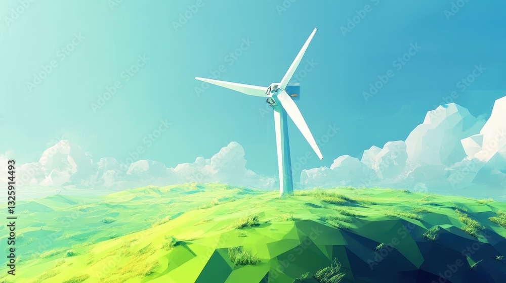 Fototapeta premium Futuristic Low Poly Wind Turbine in Geometric Landscape