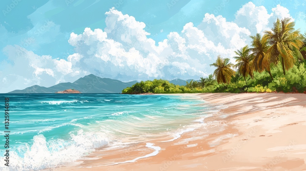 Naklejka premium Tropical beach landscape with blue ocean waves and palm trees on sandy shore